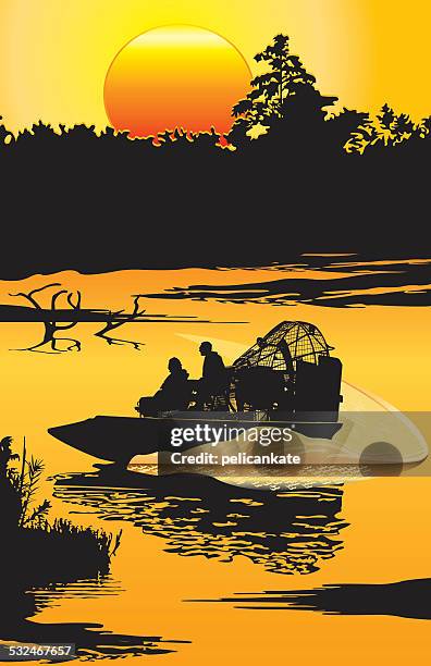 stockillustraties, clipart, cartoons en iconen met airboat at sunset - swamp