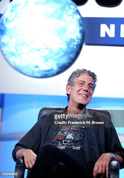 Host Anthony Bourdain attends the panel discussion for "Anthony Bourdain: No Reservations" during the Discovery Networks' Travel Channel presentation...