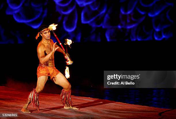 Cirque Du Soleil performer, Karl Sanft, performs during the opening ceremony for the XI FINA World Championships on July 16, 2005 at the Parc...