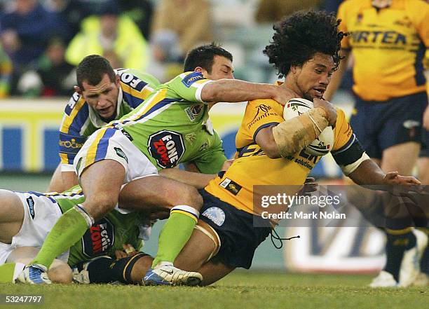 Aaron Cannings of the Eels in action during the round 19 NRL match between the Canberra Raiders and the Parramatta Eels held at Canberra stadium on...