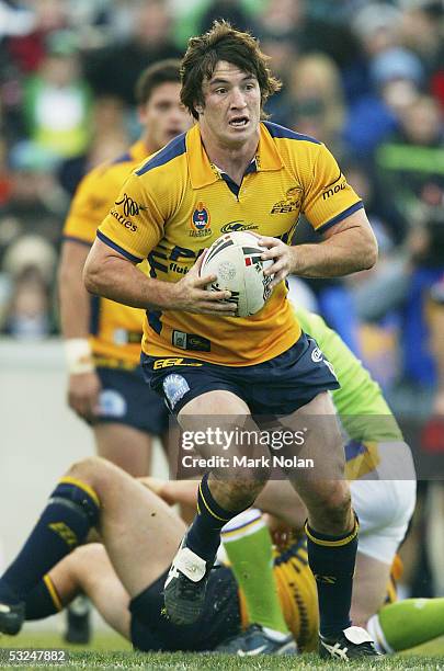 Nathan Cayless of the Eels in action during the round 19 NRL match between the Canberra Raiders and the Parramatta Eels held at Canberra stadium on...