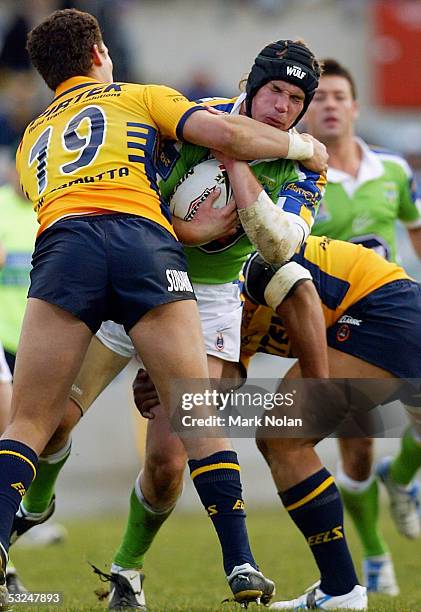 Troy Thompson of the Raiders in action during the round 19 NRL match between the Canberra Raiders and the Parramatta Eels held at Canberra stadium on...