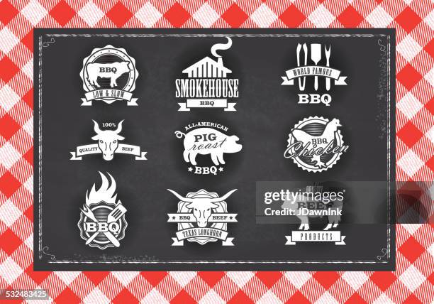 assorted barbecue, beef, chicken and pork, labels on chalkboard background - smokehouse stock illustrations