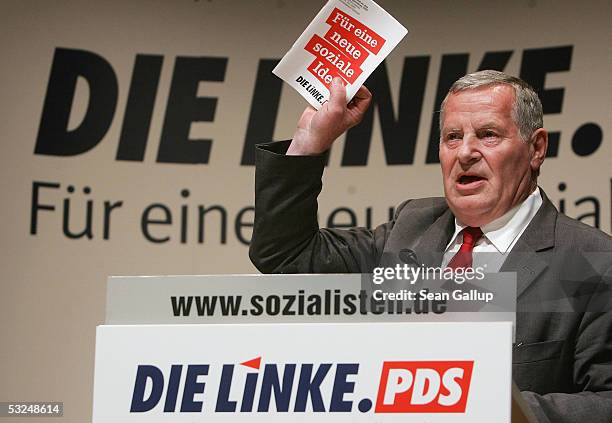 Lothar Bisky, head of the PDS, the successor to the fomer East German communist party speaks at a special congress of the PDS July 17, 2005 in...