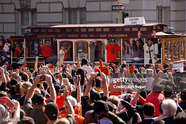 Estimated crowd of 1 million joyous Giants fans gather in Civic Center Plaza to celebrate the San Francisco Giants victory over the Texas Rangers to...