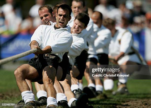 The German team pulls the rope against Sweden in the tug of war during the World Games 2005 on July 17, 2005 in Duisburg, Germany.