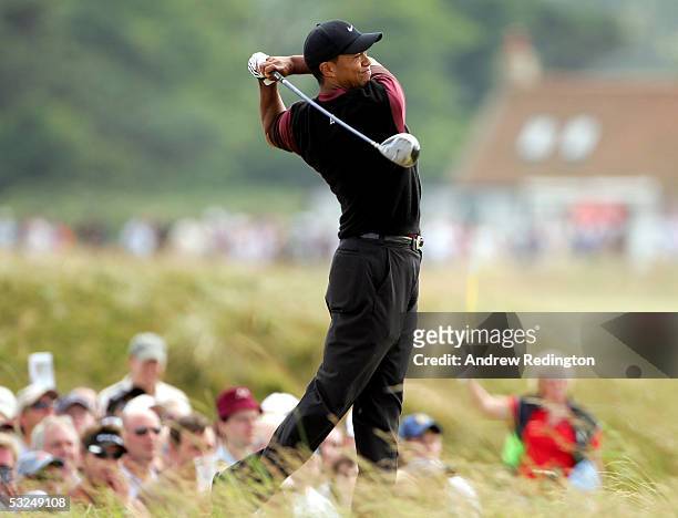 Tiger Woods of the USA tees off on the fourth hole during the final round of the 134th Open Championship at Old Course, St Andrews Golf Links, July...