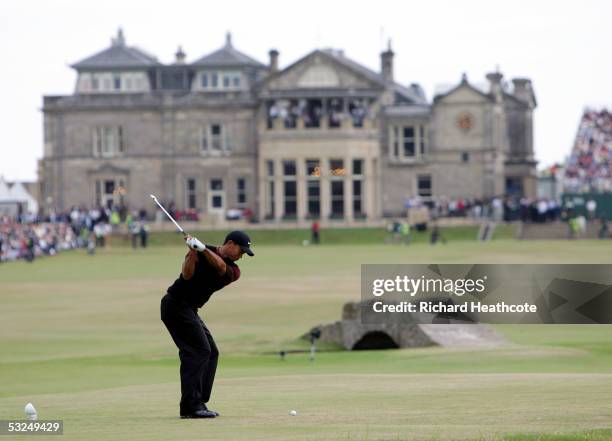 Tiger Woods of the USA tees off on the 18th hole during the final round of the 134th Open Championship at Old Course, St Andrews Golf Links, July 17,...