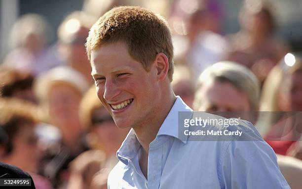 Prince Harry smiles before playing polo at the Final Queen Mother Trophy & Corinium Bowl Doug Brown Cup Matches at Cirencester Park Polo Club on July...