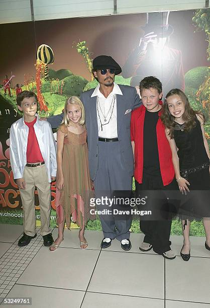Actors Jordan Fry, Annasophia Robb, Johnny Depp, Phillip Wiegratz and Julia Winter arrive at the UK Premiere of "Charlie And The Chocolate Factory"...