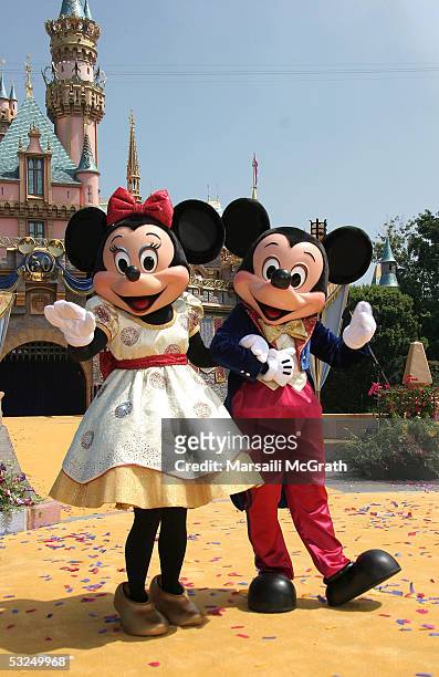 Minnie and Mickey Mouse at Disneyland's 50th Anniversary rededication ceremony held at Disneyland on July 17, 2005 in Anaheim, California.