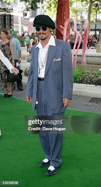 Actor Johnny Depp arrives at the UK Premiere of "Charlie And The Chocolate Factory" at the Odeon Leicester Square on July 17, 2005 in London, England.