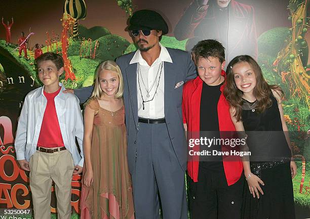 Actors Jordan Fry, Annasophia Robb, Johnny Depp, Phillip Wiegratz and Julia Winter arrive at the UK Premiere of "Charlie And The Chocolate Factory"...