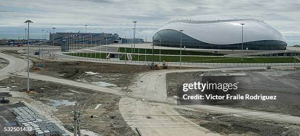 General views of the venues for the Sochi 2014 Winter Olympic Games during the construction on 22 April 2013 on the northeast coast of the Black Sea,...