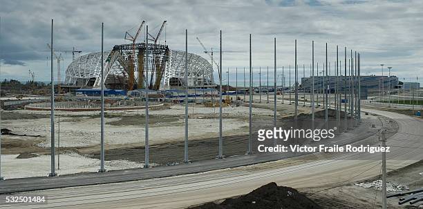 General views of the venues for the Sochi 2014 Winter Olympic Games during the construction on 22 April 2013 on the northeast coast of the Black Sea,...