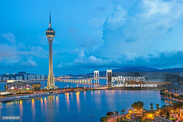 macau tower at blue hour - macao stock-fotos und bilder