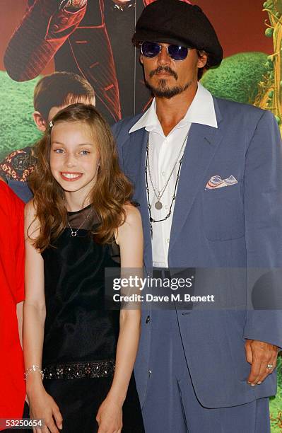 Actors AnnaSophia Robb and Johnny Depp arrive at the UK Premiere of "Charlie And The Chocolate Factory" at the Odeon Leicester Square on July 17,...