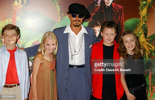 Actors Jordan Fry, Annasophia Robb, Johnny Depp, Phillip Wiegratz and Julia Winter arrive at the UK Premiere of "Charlie And The Chocolate Factory"...