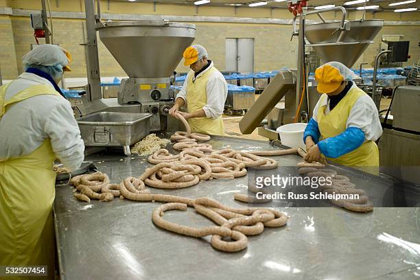 sausage manufacturing at slaughterhouse - stuffing stock-fotos und bilder
