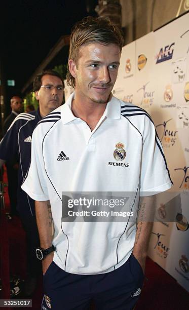 Soccer star David Beckham of Real Madrid attends a Real Madrid reception presented by AEG on the eve of their match against the Los Angeles Galaxy on...