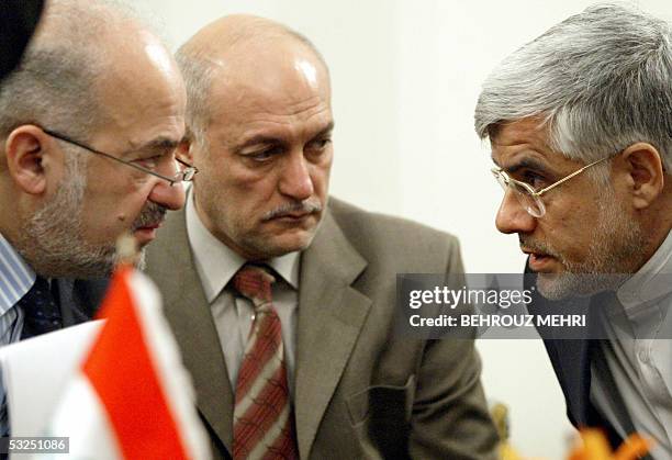 Iraqi Prime Minister Ibrahim Jaafari and Iranian Vice-President Mohammad Reza Aref speak tpgether as Iraqi ambassador to Iran, Mohammad Madjid...