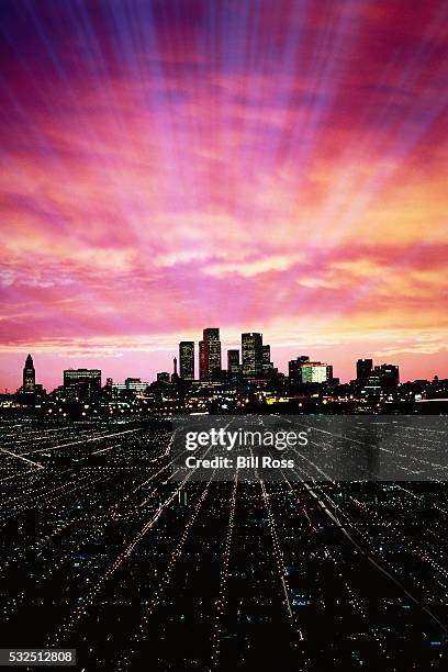 sunset over los angeles - los angeles skyline stock pictures, royalty-free photos & images