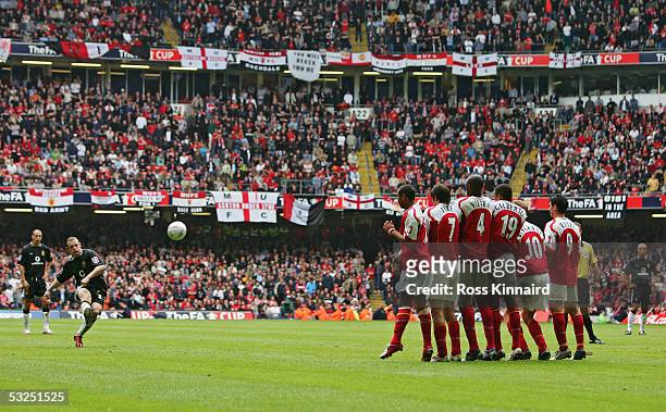 Wayne Rooney of Manchester United shoots from a free-kick during the FA Cup Final between Arsenal and Manchester United at The Millennium Stadium on...