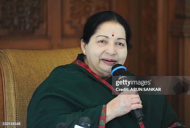 All India Anna Dravida Munnetra Kazhagam leader Jayalalithaa Jayaram speaks during a media briefing in Chennai on May 19, 2016. The makeup of India's...