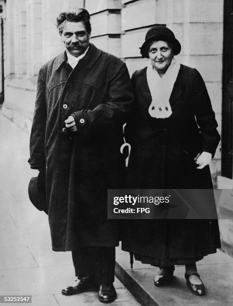 Alsatian theologian, musician, physician, and medical missionary Albert Schweitzer and his wife, German nurse Helene Bresslau Schweitzer , outside...