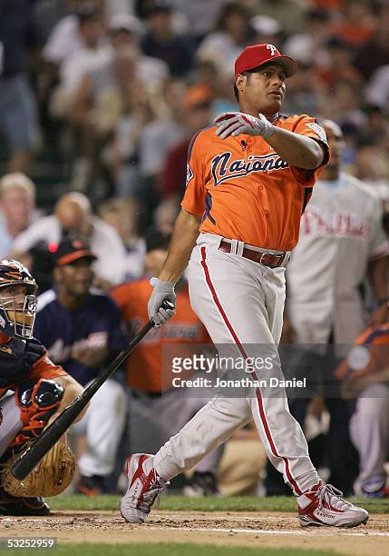 National League All-Star Bobby Abreu of the Philadelphia Phillies bats during the 2005 Major League Baseball Home Run Derby at Comerica Park on July...