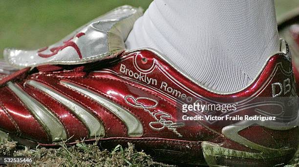 January 2006, Madrid, Spain --- Real Madrid's David Beckham of England wears his custom-made Adidas Predator boots showing the names of their sons...