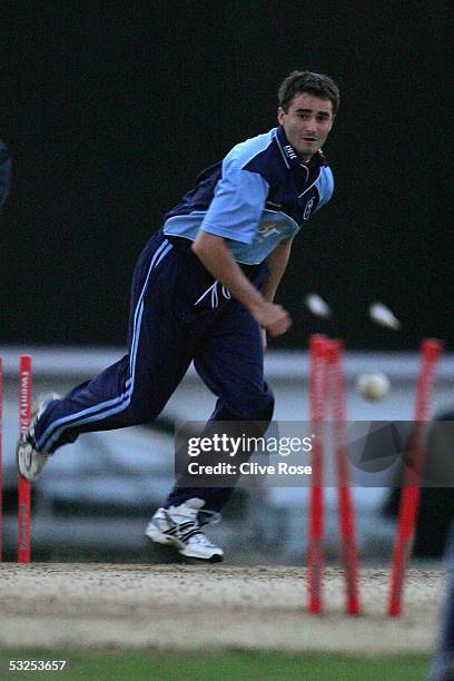 Tim Murtagh of Surrey watches as he hits the stumps to win the sudden death bowl out during the Twenty20 Cup Quarter Final match between Surrey and...