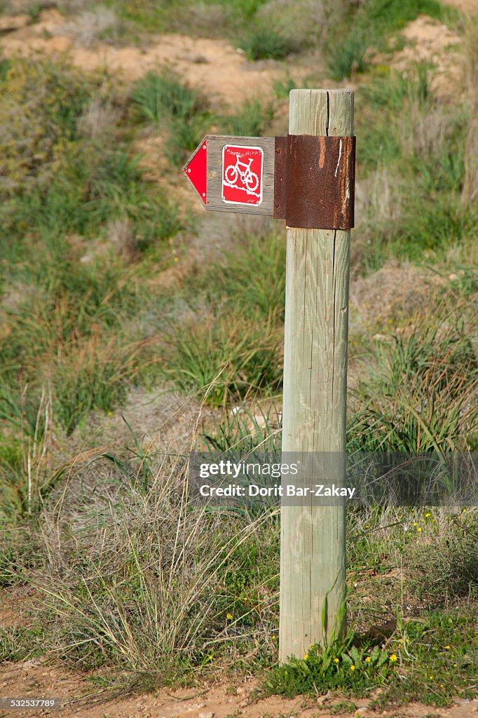 Signboard for a bicycle's path at Beeri forest