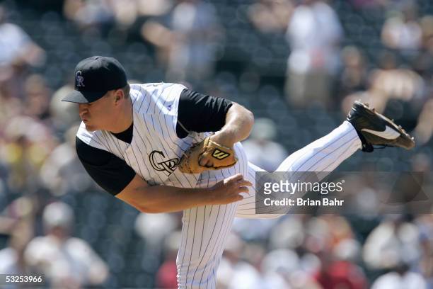 Dan Miceli of the Colorado Rockies pitches during the game with the Houston Astros on June 29, 2005 at Coors Field in Denver, Colorado. The Astros...