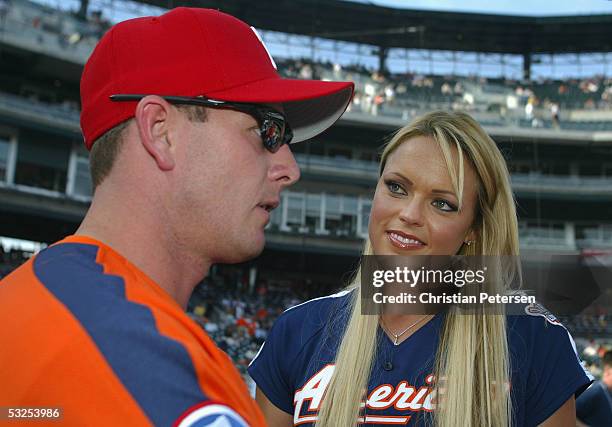 Olympic softball athlete Jennie Finch talks wih Billy Wagner of the Philadelphia Phillies for "This Week In Baseball" before the start of the 76th...