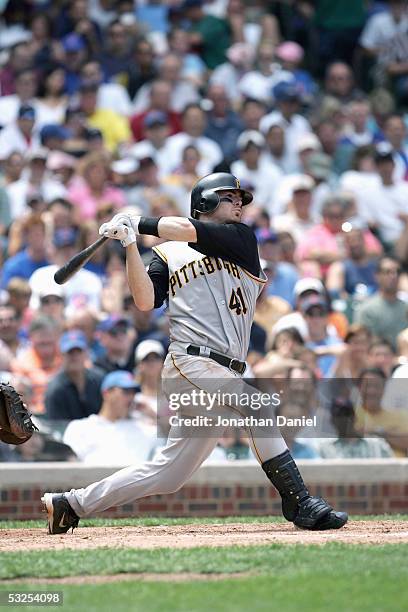 Ryan Doumit of the Pittsburg Pirates bats during the game with the Chicago Cubs on July 15, 2005 at Wrigley Field in Chicago, Illinois. The Cubs...