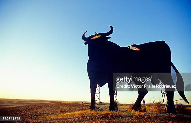 January 2007, Liencres, Spain --- A couple of surfers pose with the famous giant Spain's black bull billboard near Burgos, on northern Spain. Photo...
