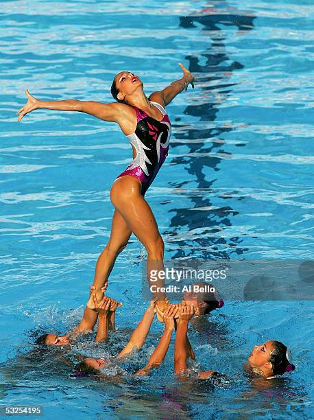 The synchronized swimming team from France perform their free routine during the XI FINA World Championships at the Parc Jean-Drapeau on July 18,...