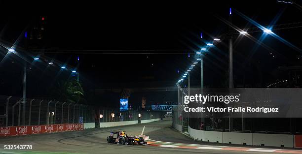 Sept 2009, Singapore --- Red Bull Racing driver Sebastian Vettel of Germany steers his car during qualyfing session for the Fia Formula One 2009...