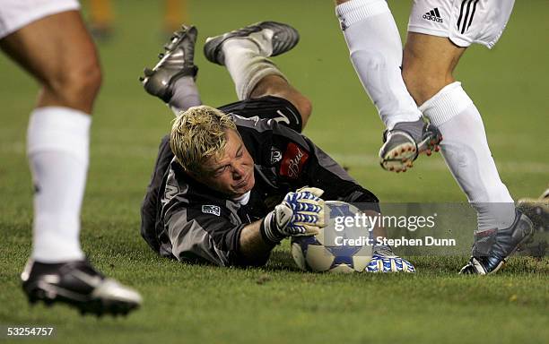 Goalkeeper Kevin Hartman of the Los Angeles Galaxy defends against Real Madrid during the game at the Home Depot Center on July 18, 2005 in Carson,...