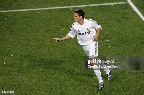 Michael Owen of Real Madrid celebrates scoring the first goal against the Los Angeles Galaxy during the game at the Home Depot Center on July 18,...