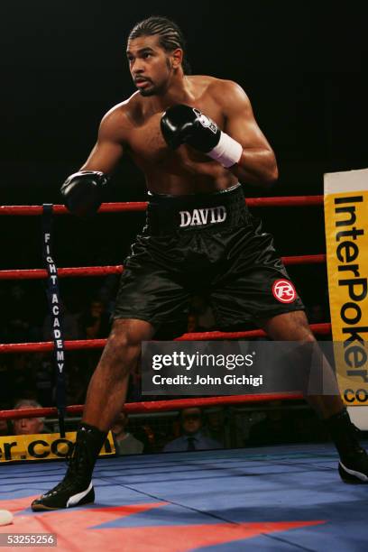 David Haye of England in action during his Heavyweight fight against Gary Delaney at the Fountain Leisure Centre on January 21, 2005 in Brentford,...