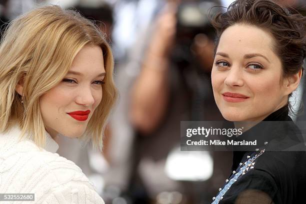 Lea Seydoux and Marion Cotillard attend 'It's Only The End Of The World ' during the Photocall - The 69th Annual Cannes Film Festival on May 19, 2016...