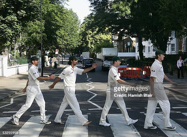 Michael Kasrpowicz, Jason Gillespie, Brett Lee and Glenn McGrath of Australia re-enact the famous Beatles album cover at Abbey Road on July 19, 2005...