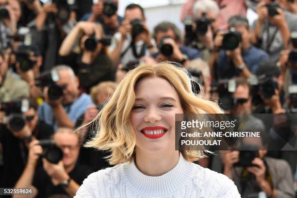 French actress Lea Seydoux smiles on May 19, 2016 during a photocall for the film "It's Only The End Of The World " at the 69th Cannes Film Festival...