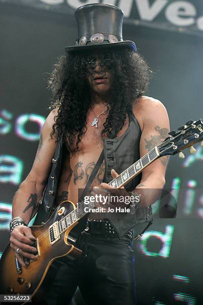Slash from the band Velvet Revolver performs on stage at "Live 8 London" in Hyde Park on July 2, 2005 in London, England. The free concert is one of...