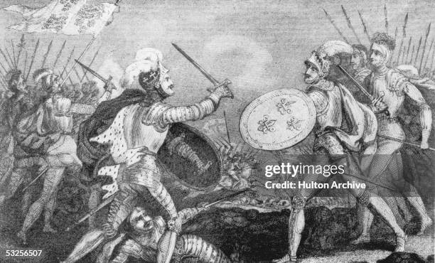 King Henry V defends his brother against the French at the Battle of Agincourt during the Hundred Years War, 25th October 1415. The English army...