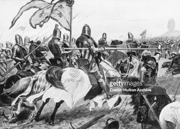 The French cavalry charge the English bowmen during the Battle of Crecy, an engagement of the Hundred Years' War, 26th August 1346. The English were...