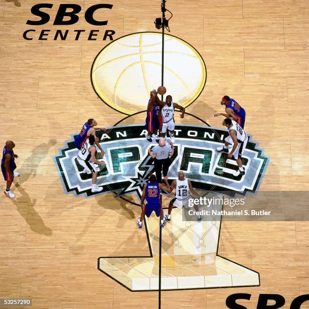 Nazr Mohammed of the San Antonio Spurs wins the opening tip-off against Ben Wallace of the Detroit Pistons in Game Seven of the 2005 NBA Finals June...