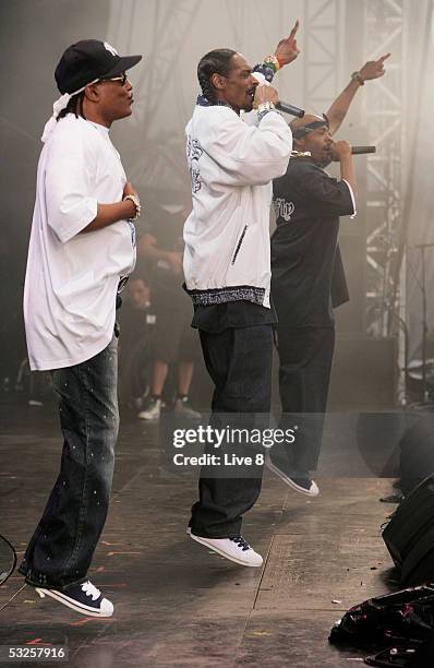 Snoop Dogg and Charlie Wilson perform on stage at "Live 8 London" in Hyde Park on July 2, 2005 in London, England. The free concert is one of ten...